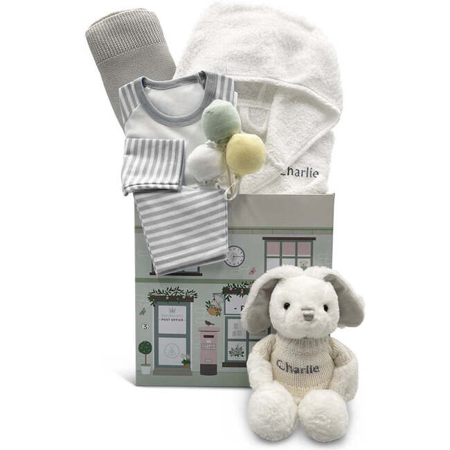 Little Bunny Sleepy Time Hamper, Neutral- 0-12 Months with White Personalized Bathrobe