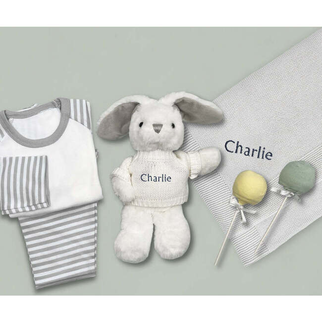 Little Bunny Sleepy Time Hamper, Neutral- 0-12 Months with White Personalized Bathrobe - Mixed Apparel Set - 2