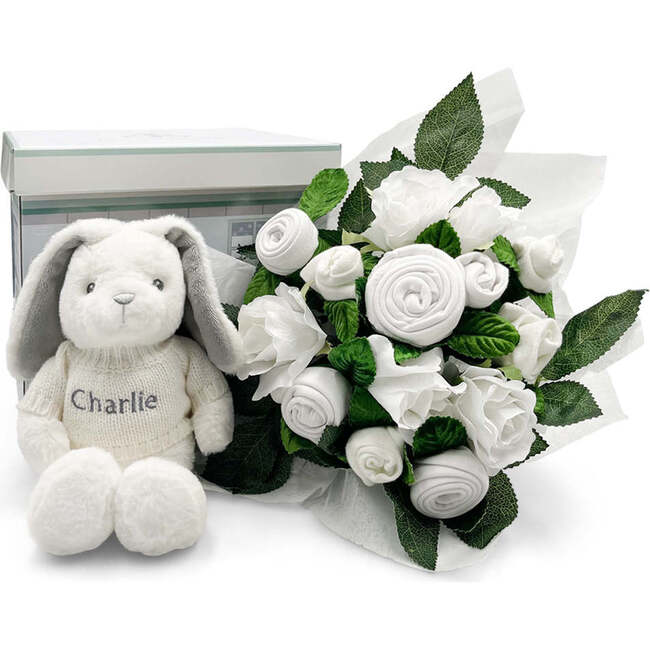 Hand Tied Baby Clothes Bouquet and Personalized Bunny, White