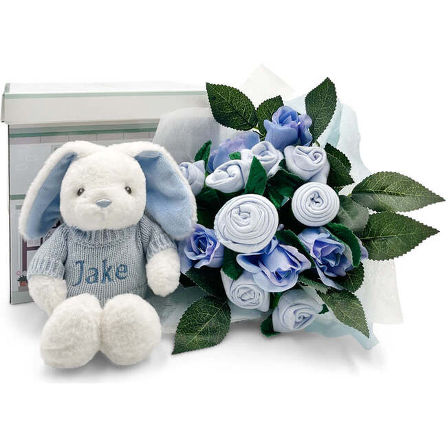 Hand Tied Baby Clothes Bouquet and Personalized Bunny, Blue