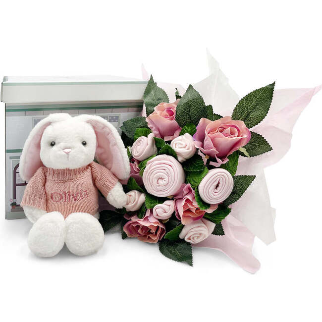 Hand Tied Baby Clothes Bouquet and Personalized Bunny, Pink