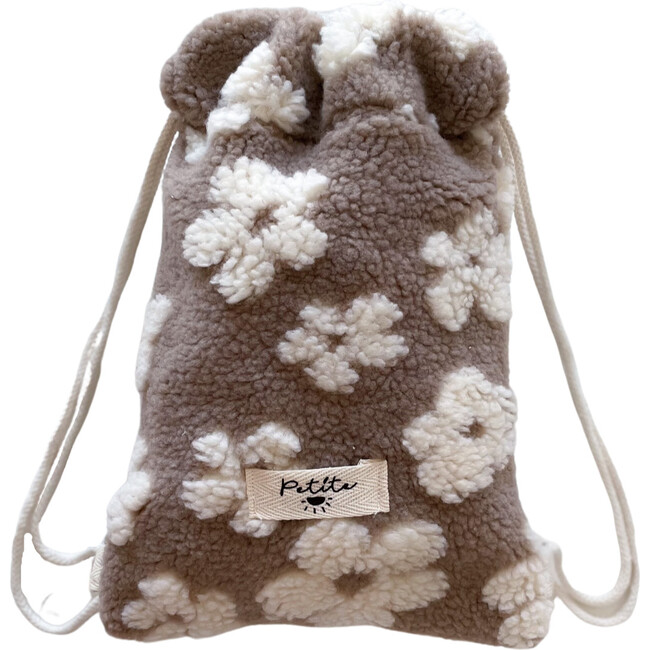 Teddy Drawstring Backpack, Floral Beige - Backpacks - 1