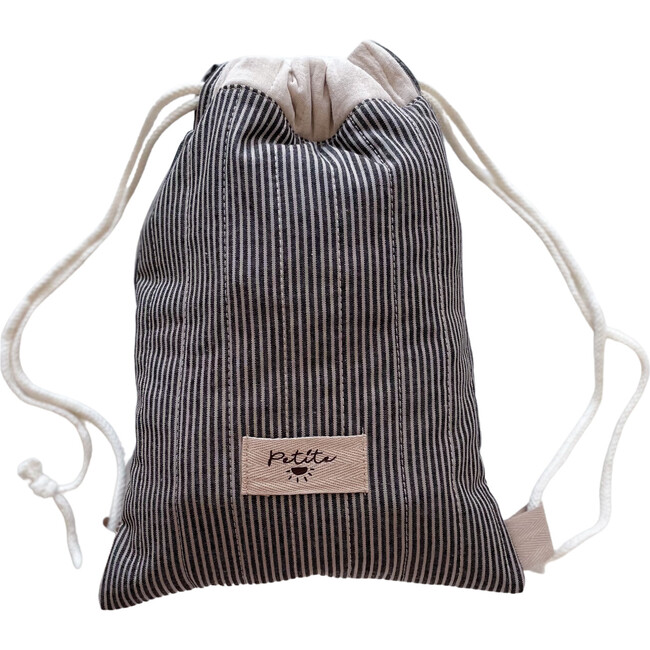 Cotton Drawstring Backpack, Charcoal Stripes