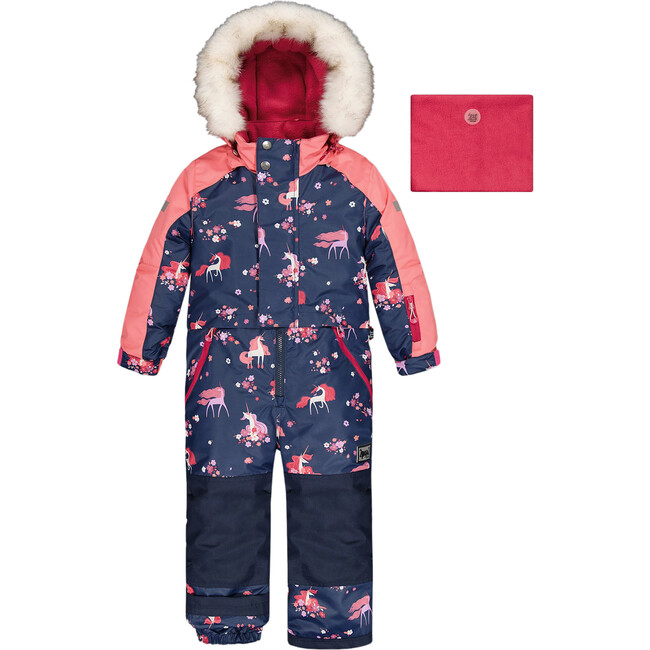 Unicorn Print One-Piece Snowsuit, Navy Flowery - Snowsuits - 1