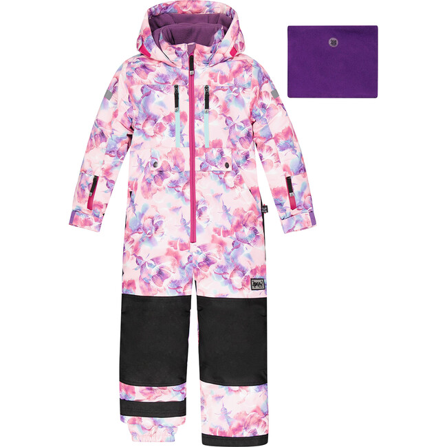 Watercolor Floral Print One-Piece Snowsuit, Pink