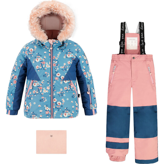 Spring Flower Print 2-Piece Snowsuit, Dusty Pink & Blue