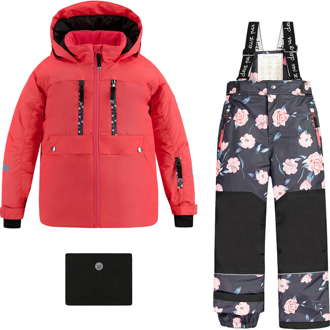 Rose Print 2-Piece Snowsuit, Cranberry & Black