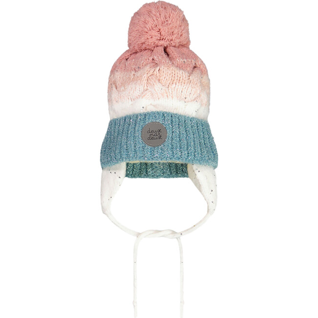Winter Knit Pom Pom Earflap Colorblock Hat, Pink & Blue Gradient