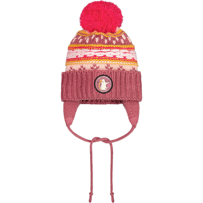 Winter Knit Pom Pom Earflap Hat, Purple And Pink