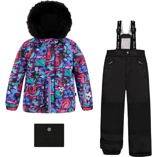 Neon Flower Print 2-Piece Snowsuit, Multicolors & Black