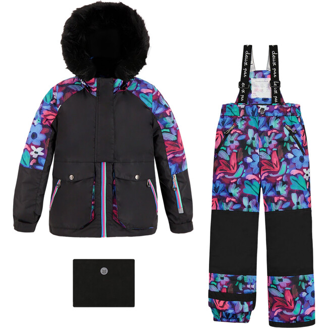 Neon Flower Print 2-Piece Snowsuit, Black & Multicolors
