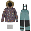 Fox Print 2-Piece Snowsuit, Dark Grey & Sea Pine - Snowsuits - 1 - thumbnail