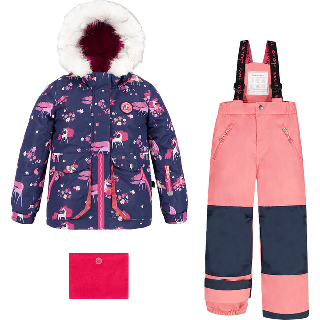 Flowery Unicorn Print 2-Piece Snowsuit, Rose - Snowsuits - 1