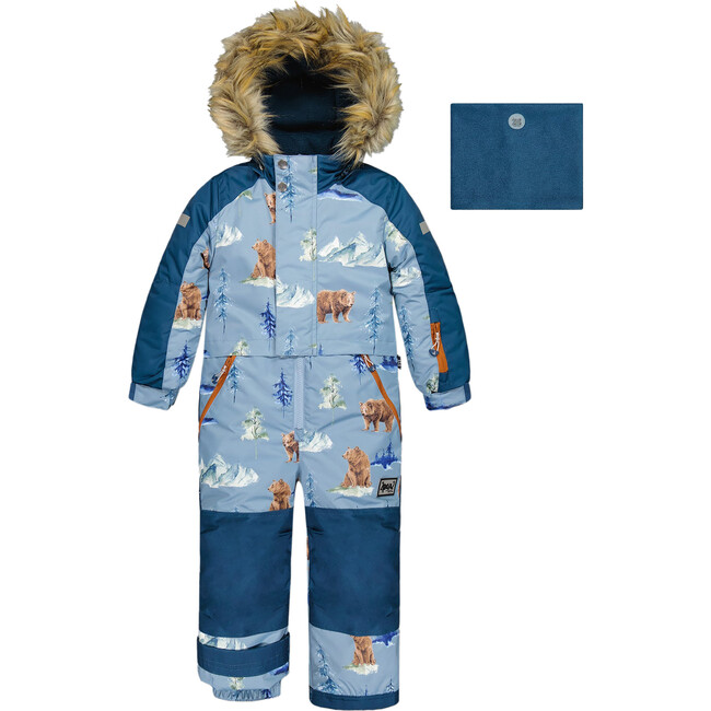 One Piece Snowsuit Blue With Bear Print
