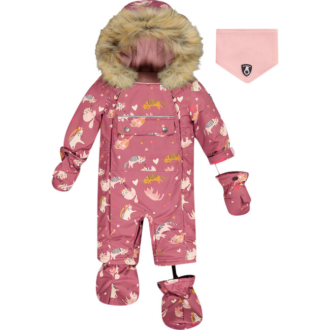 Cat Print One-Piece Baby Snowsuit, Pink - Snowsuits - 2