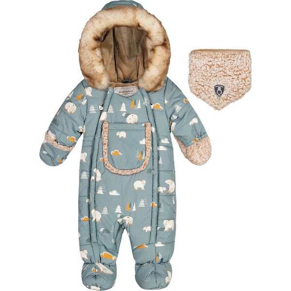 Bear Print One-Piece Baby Snowsuit, French Blue Deux par Deux