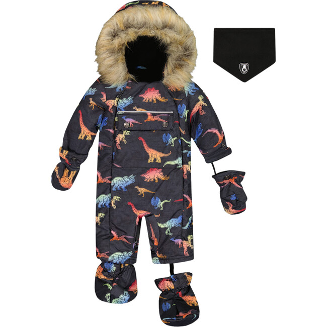 Dino Print One-Piece Baby Snowsuit, Black & Multicolors