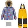 Dino Print 2-Piece Snowsuit, Blue & Yellow - Snowsuits - 1 - thumbnail