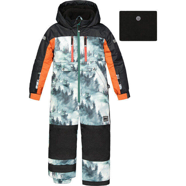 Deep Forest Print One-Piece Snowsuit, Black