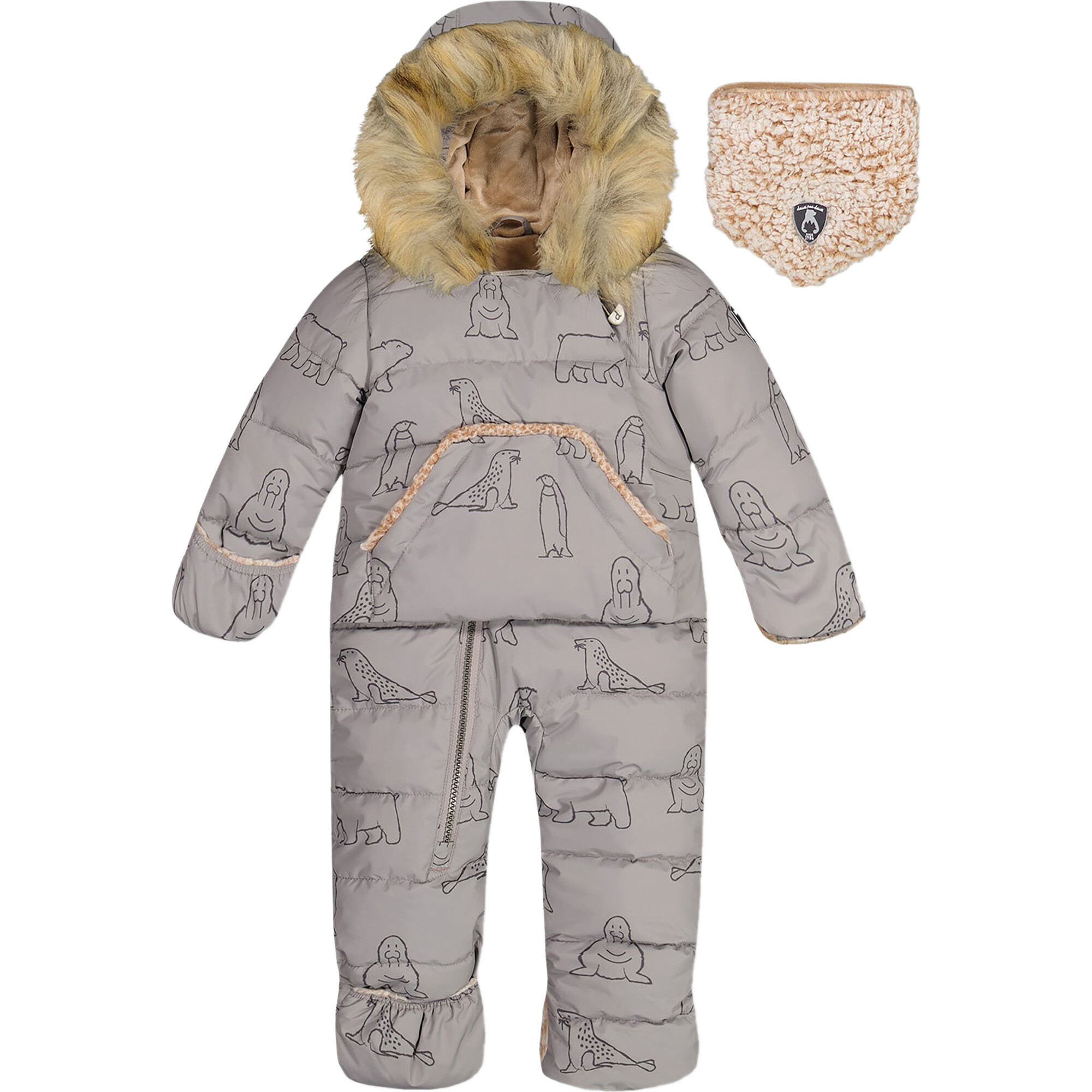 One Piece Baby Car Seat Snowsuit With Grey Arctic Friends Print