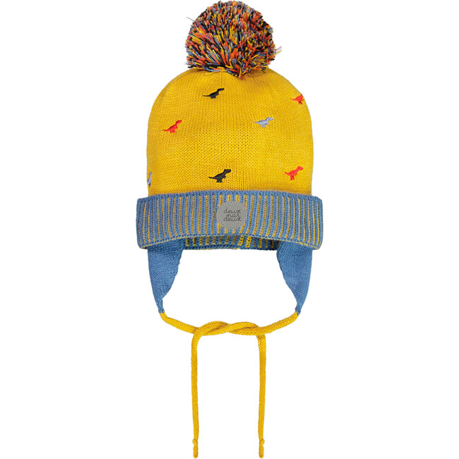 Dino Print Acrylic Knit Earflap Hat, Yellow - Hats - 2