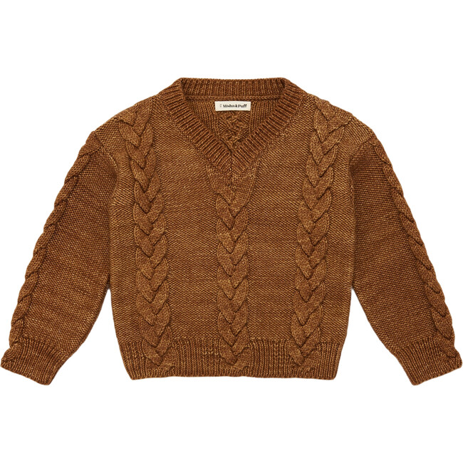 Braided Knit V-Neck Long Sleeve Sweater, Acorn