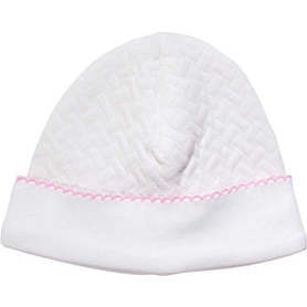 Basket Weave Baby Hat, White & Pink Picot Trim