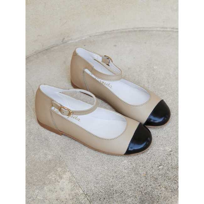 Leather Girl Contrast Ballerina Shoes, Sand - Mary Janes - 2