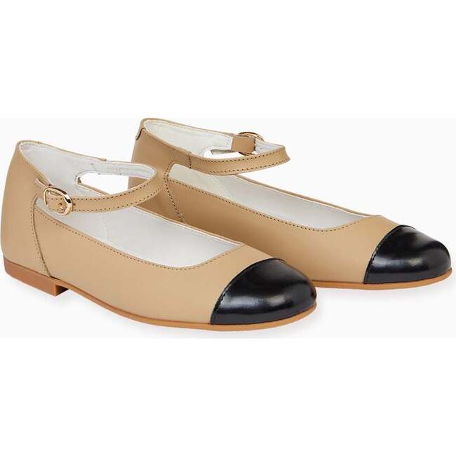 Leather Girl Contrast Ballerina Shoes, Sand - Mary Janes - 3
