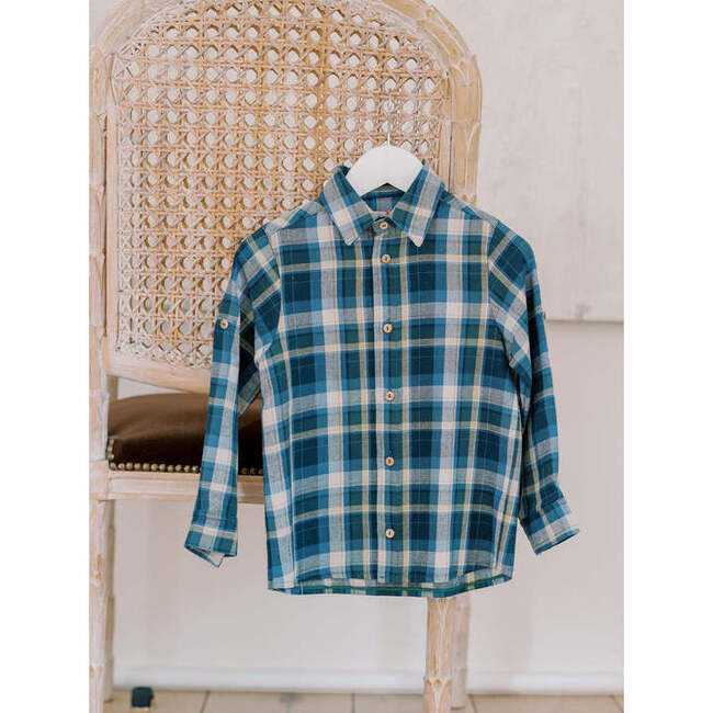 Nico Long Sleeve Boy Shirt, Blue Check - Shirts - 2