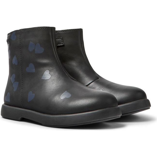 Duet Twins Heart Print Leather Ankle Boots, Black - Booties - 2