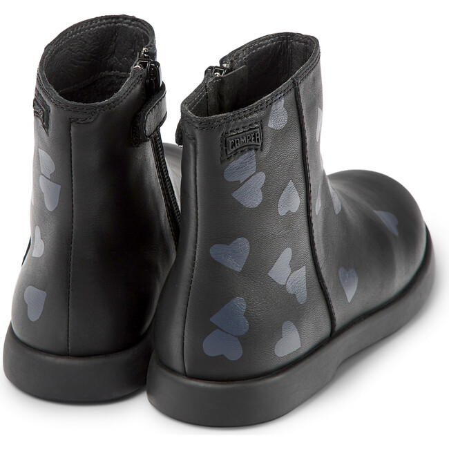 Duet Twins Heart Print Leather Ankle Boots, Black - Booties - 5