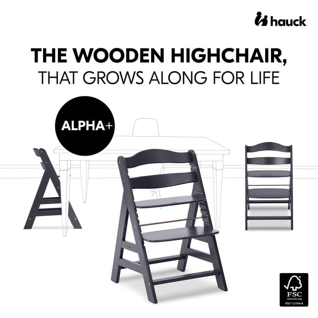 Alpha+ Grow Along Adjustable Beechwood Wooden High Chair Seat + 5-Point Harness & Bumper Bar, Dark Grey - Highchairs - 2