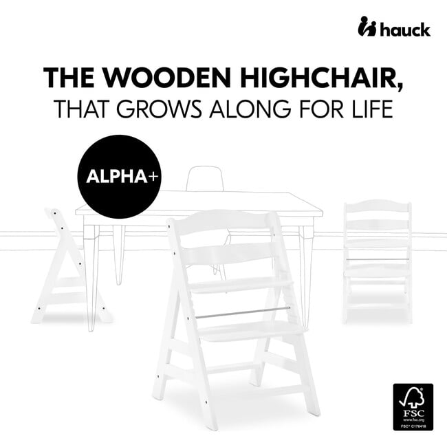 Alpha+ Grow Along Adjustable Beechwood Wooden High Chair Seat + 5-Point Harness & Bumper Bar, White - Highchairs - 6