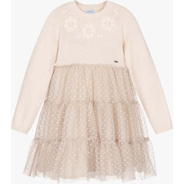 Daisy Overlay Tulle Dress, Beige Mayoral Dresses