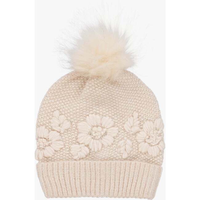 Floral Knit Hat & Scarf, Beige - Hats - 2