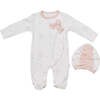 Teddy Print Bow Babysuit & Hat, White - Bodysuits - 1 - thumbnail
