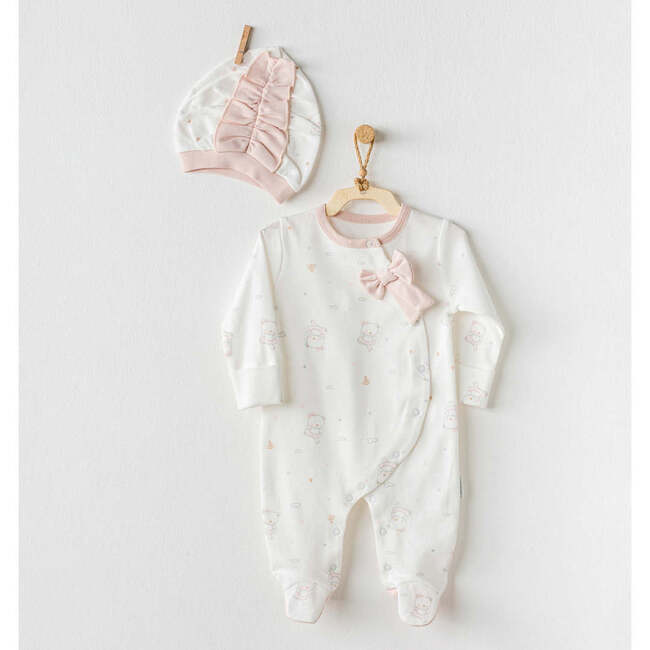 Teddy Print Bow Babysuit & Hat, White - Bodysuits - 2