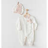 Teddy Print Bow Babysuit & Hat, White - Bodysuits - 2