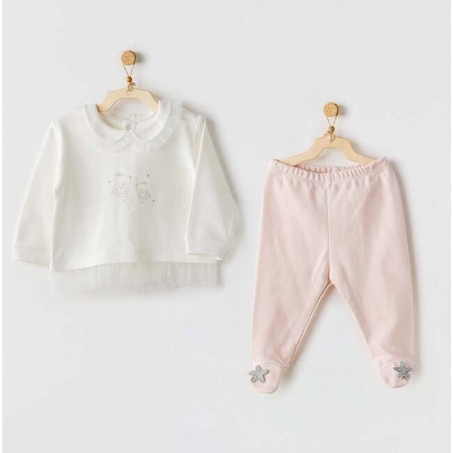 Teddy Graphic Collared Outfit, White - Mixed Apparel Set - 2