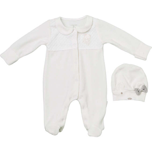 Collared Bow Babysuit & Hat, White