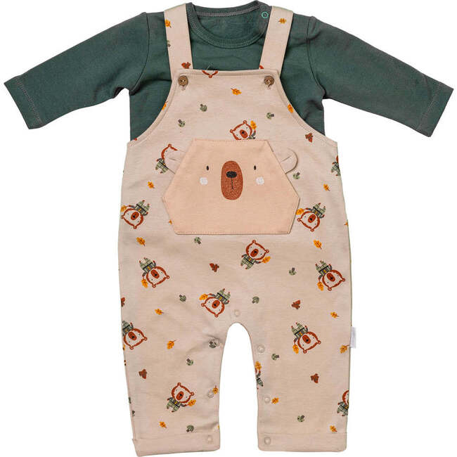 Bear Print Overalls Outfit, Green