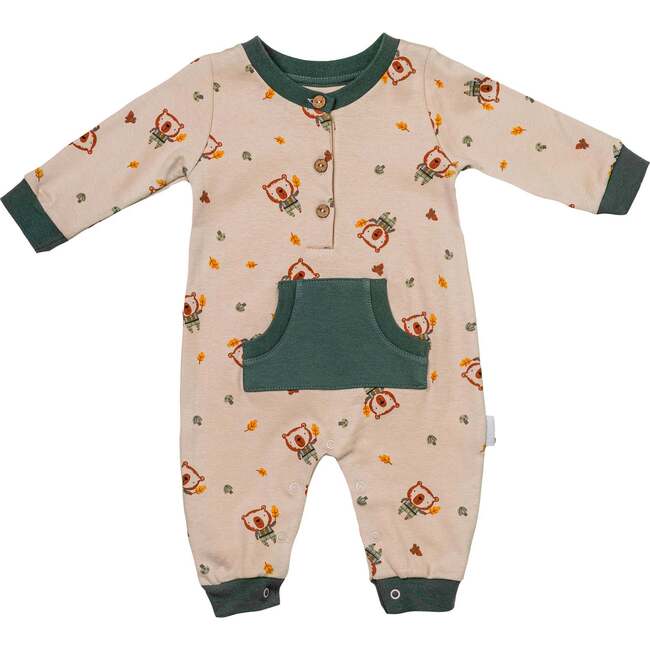 Bear Print Pocket Babysuit, Beige