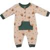 Bear Print Pocket Babysuit, Beige - Bodysuits - 1 - thumbnail