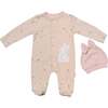 Bunny Leaf Print Babysuit, Beige - Bodysuits - 1 - thumbnail