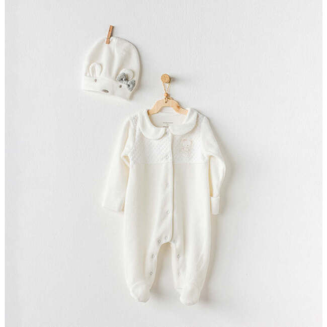 Collared Bow Babysuit & Hat, White - Bodysuits - 2