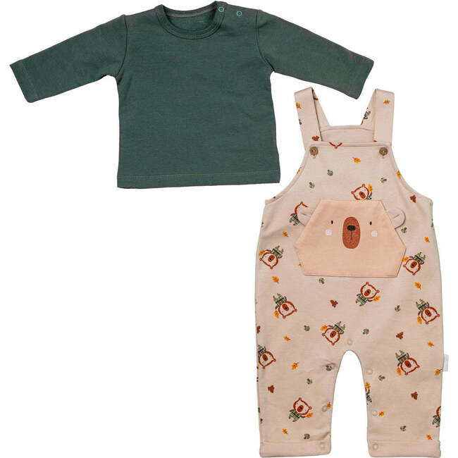 Bear Print Overalls Outfit, Green - Mixed Apparel Set - 2