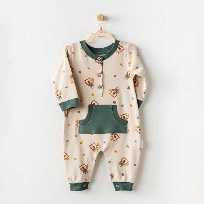 Bear Print Pocket Babysuit, Beige - Bodysuits - 2