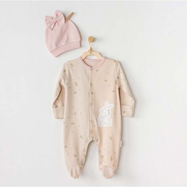 Bunny Leaf Print Babysuit, Beige - Bodysuits - 2