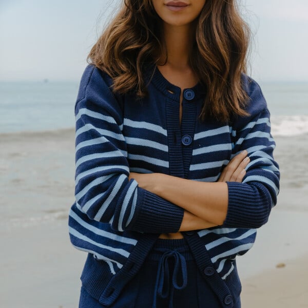 トップス MYNE DOCKING CARDIGAN NAVY Women's Cardigan, Navy With Peri Stripe - Minnow Mommy & Me